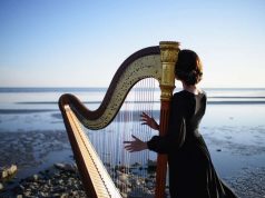 It’s harp time! – It’s time for the harp! A person standing in front of a body of water